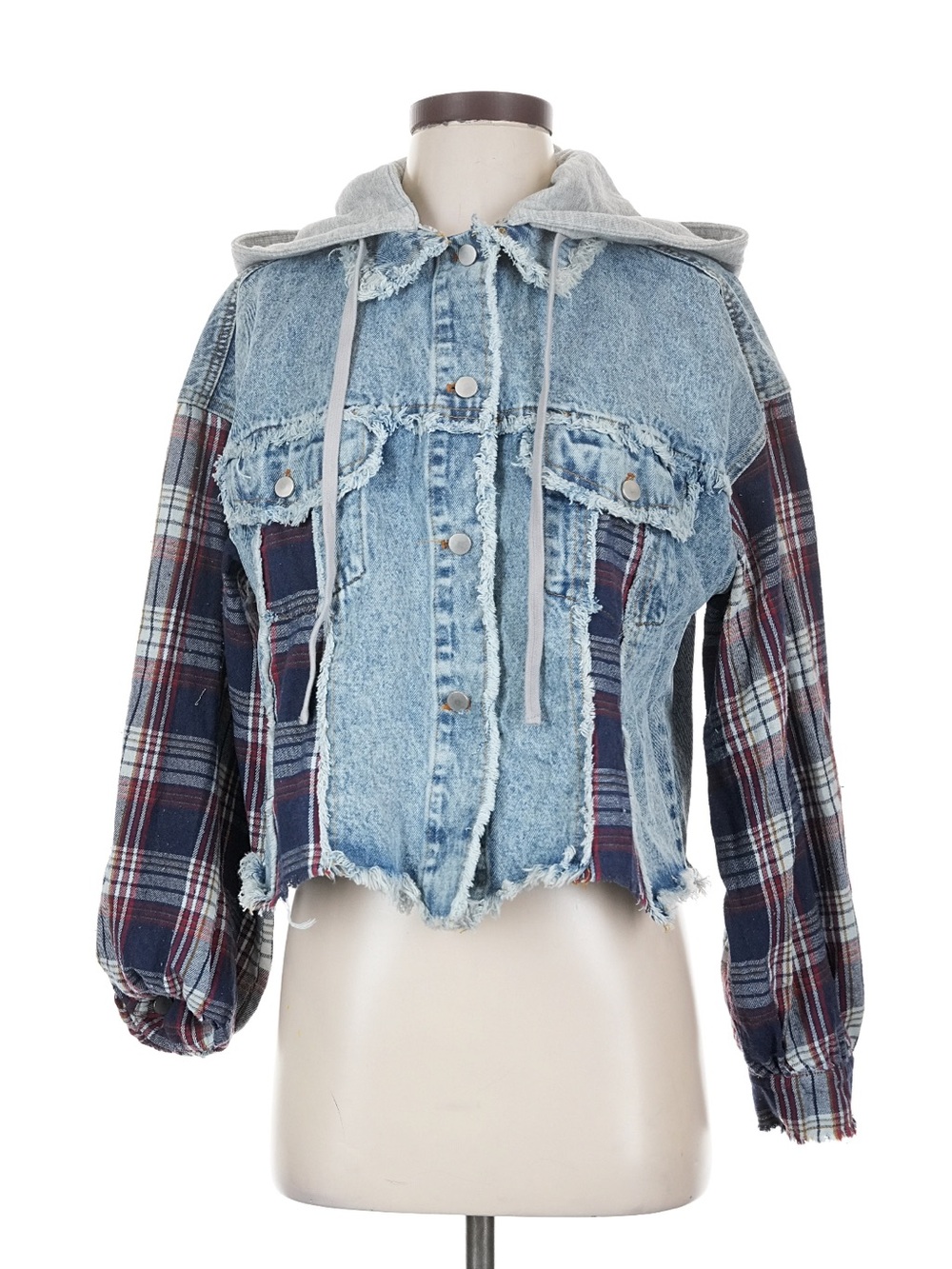 Oli & Hali Plaid Patchwork Raw Hem Hooded Denim Jacket S Oversized Y2K Boho Alt